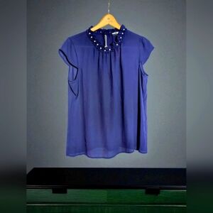 Karl Lagerfeld L Dark Blue Blouse with Pearl Collar Accents